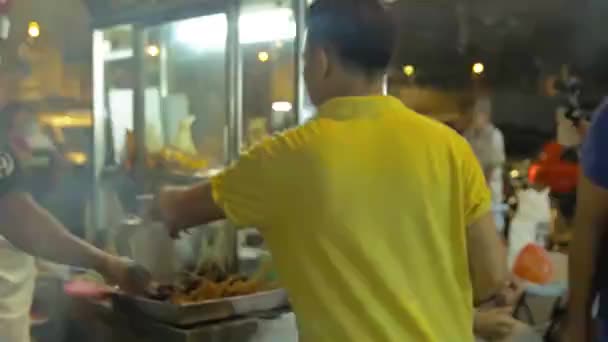 Asian Man Passing Delicious Bbq Satay Customer Night Market Kuala — Stockvideo