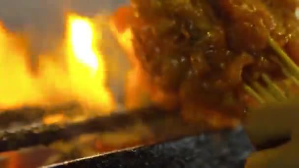 Closeup Raw Satay Sticks Being Placed Bbq Grill Night Market — Stockvideo