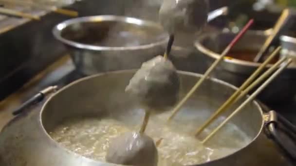 Taking Out Fish Balls Boiling Pot Water Steam Boat Stall — Stock Video