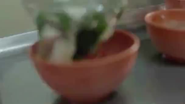 Closeup Guy Pouring Soup Bowl Noodles — Αρχείο Βίντεο