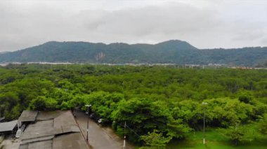 Yeşil dağ manzaralı ve güzel şehirli ağaçların arasında küçük bir yolun havadan görünüşü....