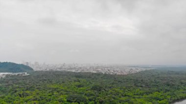 Top Aerial View Of Forest Full Of Trees With A View Of Santos City And Green Mountains - Dolly Right To Left