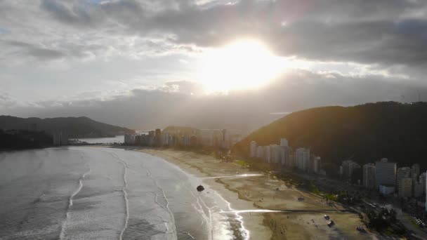 Vista Aérea Superior Praia Santos Com Vistas Cidade Mar Sol — Vídeo de Stock