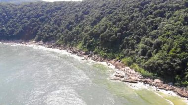 Sahili ve dalgaları olan güzel yeşil bir tepenin üst hava manzarası..