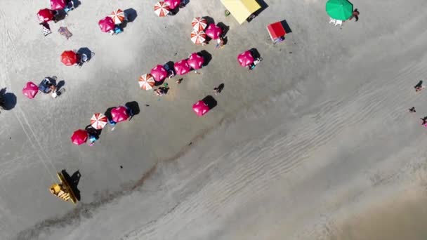 Вид Зверху Парасольки Люди Ходять Пляжі Вперед — стокове відео
