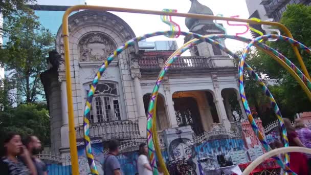 Hula Hoop Seller Stand Hand Held — Stock Video