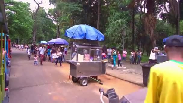 Vendedores Alimentos Seus Figurantes Com Árvores Para Frente — Vídeo de Stock