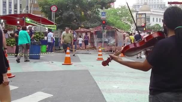 Pouliční Hudebníci Hrají Housle Krásně Křižovatce Pomalý Pohyb — Stock video