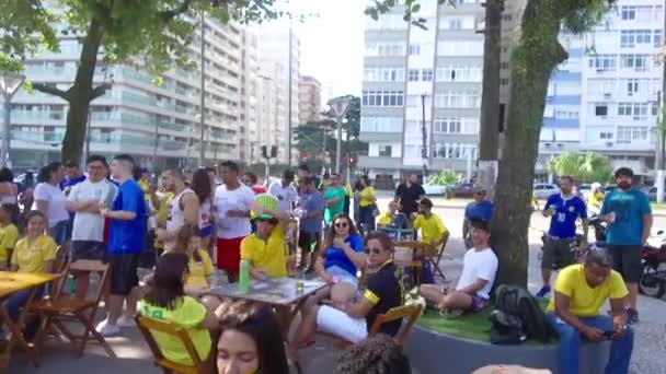 Grupp Människor Äter Tillsammans Med Det Brasilianska Landslaget Tröja — Stockvideo