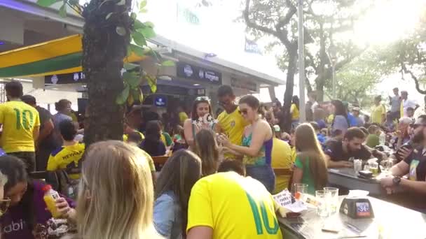 Vacker Liten Flicka Mängden Brasilianska Fans Caféet — Stockvideo