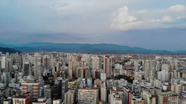 Nacht Luftaufnahme Der Stadt Santos Bei Sonnenuntergang Kran Nach Unten — Stockvideo