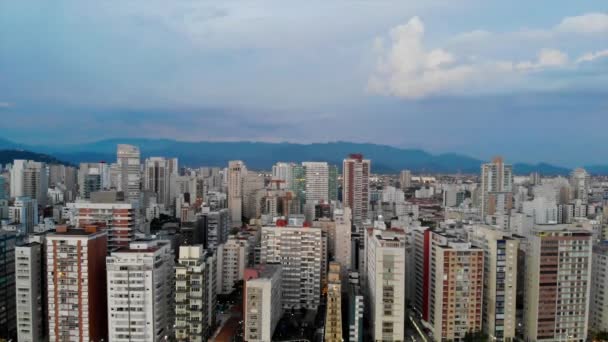 Night Aerial View City Santos Sunset Crane Downwards — Stock video