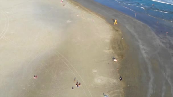 Top Aerial View People Big Sandy Beach Crane — 图库视频影像