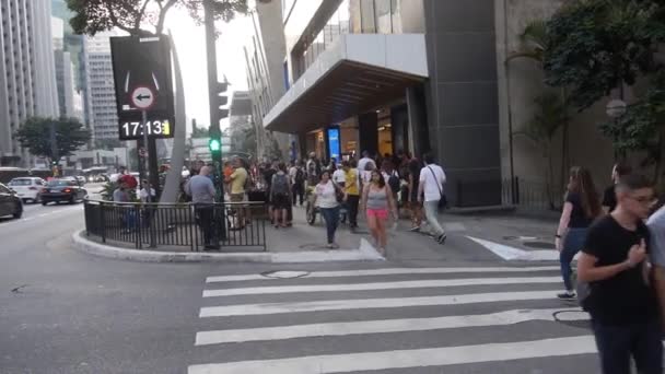 Semáforo Verde Con Muchos Peatones Ciudad Handheld — Vídeos de Stock