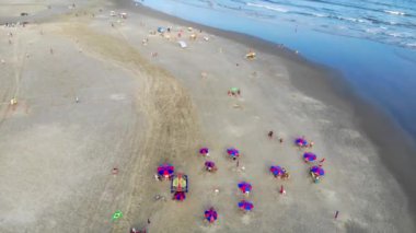 Şemsiyeli kumlu bir plajın üst manzarası..