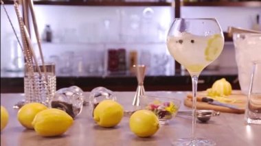 Yuzu Gin And Tonic Drink on background, close up