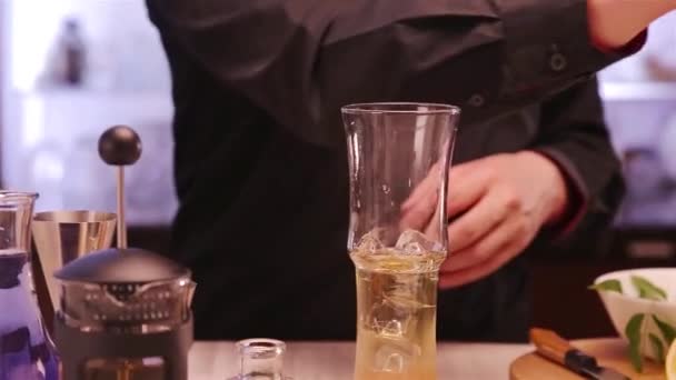 Stirring Yellow Liquid Iron Spoon — стоковое видео