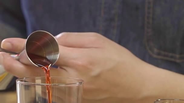 Pouring Red Syrup Jigger Close — Video Stock