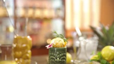 Drinks With Beautiful Garnish On Tiki Glass