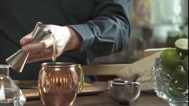 Pour Yellow Syrup Iron Glasses Close — Stockvideo