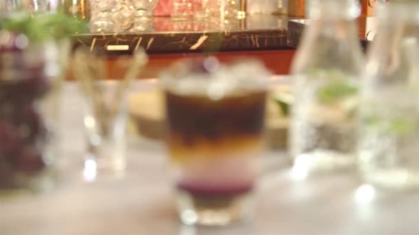 Cold Coffee Drinks Garnish Cherries Pull Focus — Stock Video