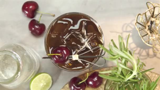 Garnish Fresh Cherry Ice Coffee Pull Focus — Stockvideo