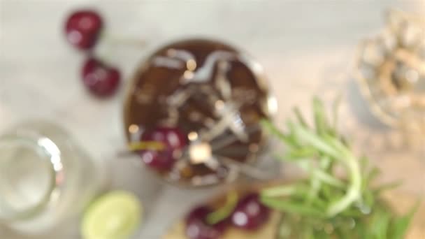 Garnish Cherries Ice Coffee Pull Focus — Stock video