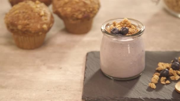 Jars Muffin Table Yogurt Pan Right — Stockvideo