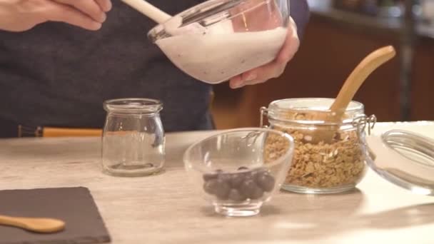 Man Pouring Mixture Small Jar Pan Follow — Αρχείο Βίντεο