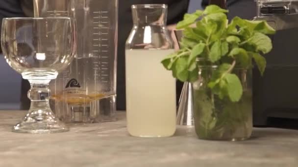 Hand Eine Flasche Weglegen Und Jigger Aufheben Schwenken — Stockvideo