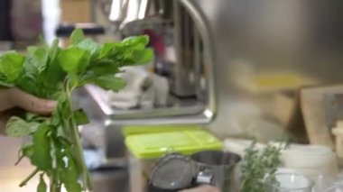 Kadın vazoya nane yaprakları yığıyor. 