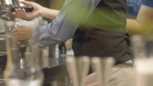 Woman Turning Lever Coffee Machine Pan Follow — Vídeo de stock