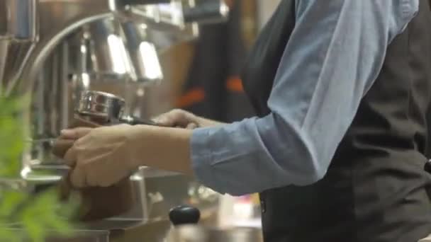 Woman Wiping Lever Coffee Machine Side View Static — Stock video