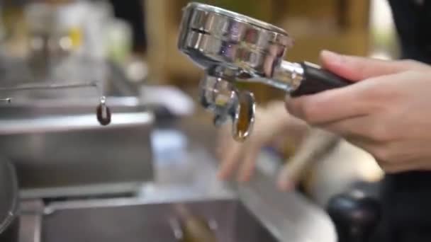 Woman Wiping Lever Coffee Machine Static — Vídeo de stock