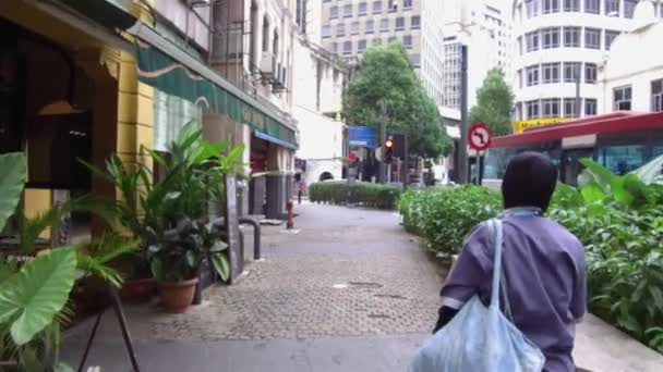 Μια Γυναίκα Μια Μεγάλη Τσάντα Περπατάει Μπροστά — Αρχείο Βίντεο