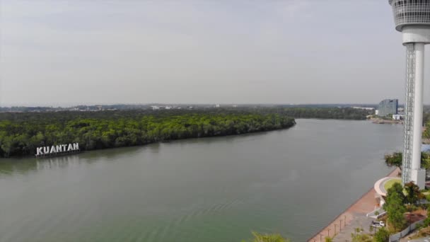 Aerial View River City Tall White Buildings Lush Greenery — Stock Video
