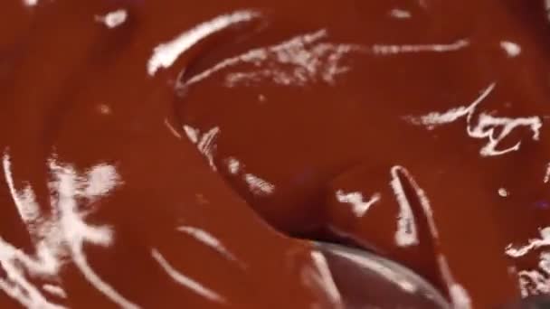 Creamy Chocolate Sauce Scooped Metal Spoon Extreme Close Shot — Stock Video