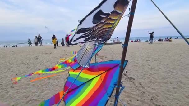 Kleurrijke Vliegers Stromend Wind Aan Het Strand Terengganu Medium — Stockvideo