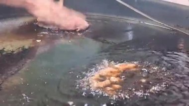 Çiğ et elle ezildi ve yağda kızartılmak üzere ezildi. 