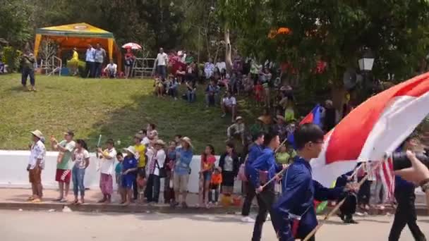 Наблюдая Людьми Яркими Флагами Толпа Марширует Статично — стоковое видео
