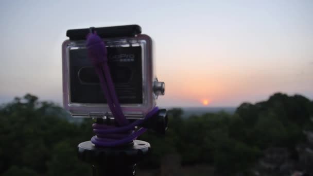 Gopro Attached Tripod Fixing Sunset Landscape Trees Handheld — Stock Video