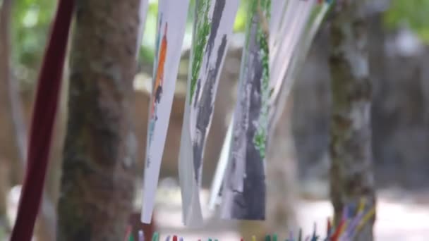 Gemälde Hängen Zum Trocknen Zwischen Baumstämmen Rutsche Links Dann Rechts — Stockvideo