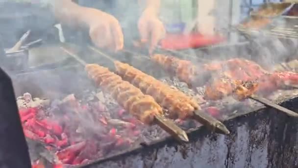 Kebabs Pollo Parrilla Sobre Carbón Caliente Una Barbacoa Aire Libre — Vídeos de Stock