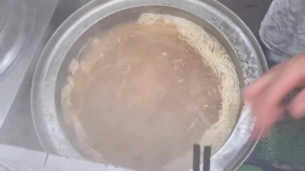 Fresh Handmade Noodles Cooked Chopsticks Giant Pot Broth Close — Stock Video