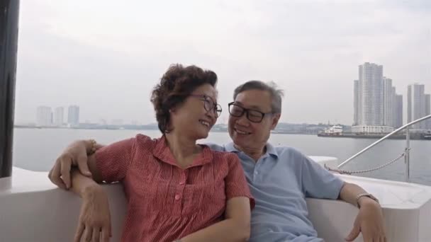 Vieux Couple Romantique Assis Ensemble Sur Bateau — Video