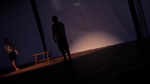 Dos Artistas Asiáticos Detrás Del Escenario Espectáculo Sombras — Vídeo de stock