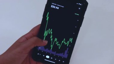 Woman looking through LINK 3 Months chart on Black smartphone
