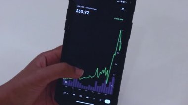 Woman looking through LINK 3 Years chart on Black smartphone