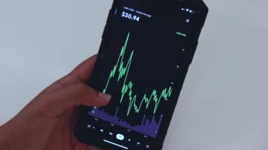 Woman looking through LINK 6 Months chart on Black smartphone