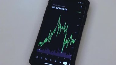 XLM 1 Month chart on a black phone placed on a table